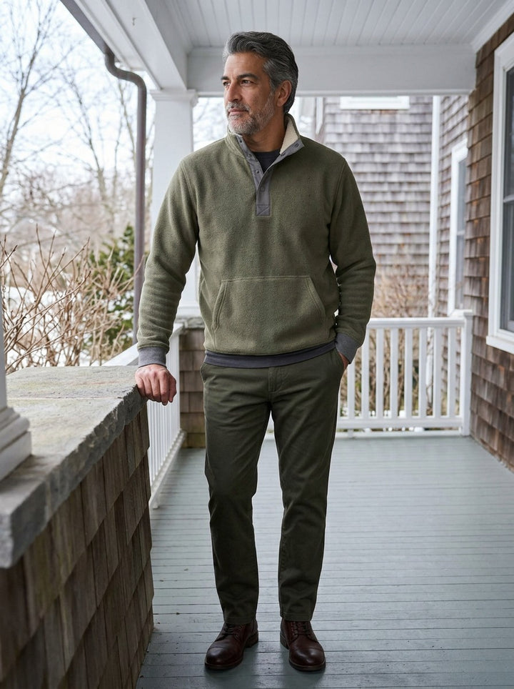 Pennington sweater in Olive, lifestyle on a covered porch, Gentlemens Manor