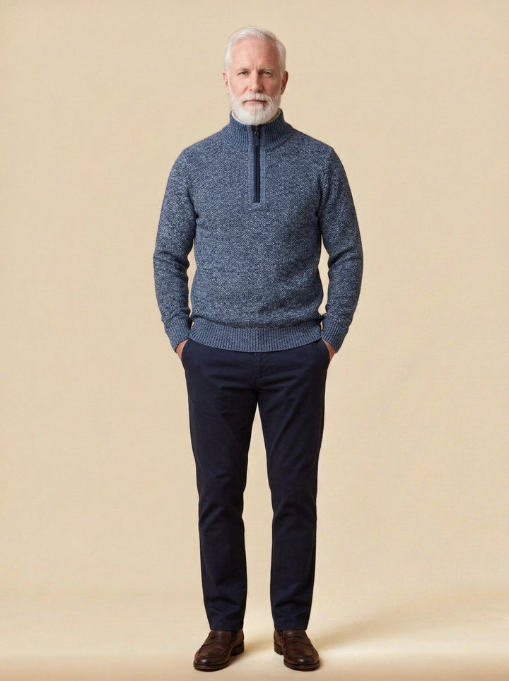 Penrose half zip sweater in Blue, studio, Gentlemens Manor