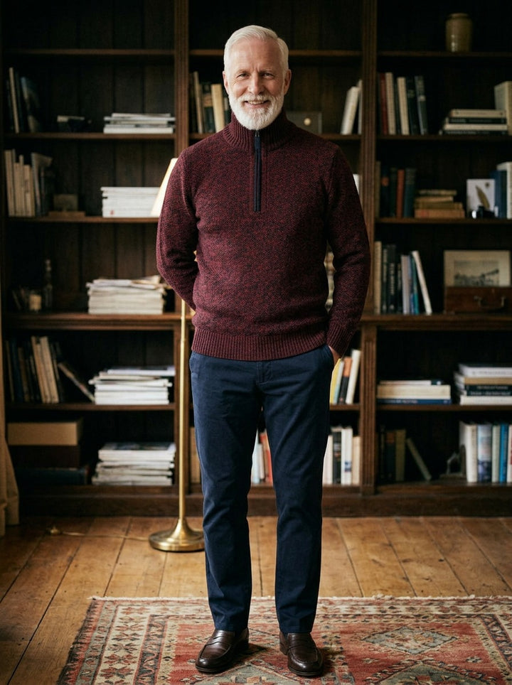 Penrose half zip sweater in Burgundy, lifestyle in a private study, Gentlemens Manor