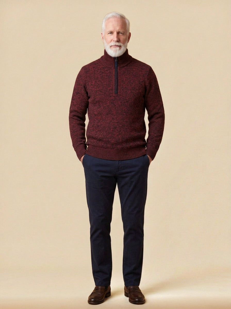 Penrose half zip sweater in Burgundy, studio, Gentlemens Manor