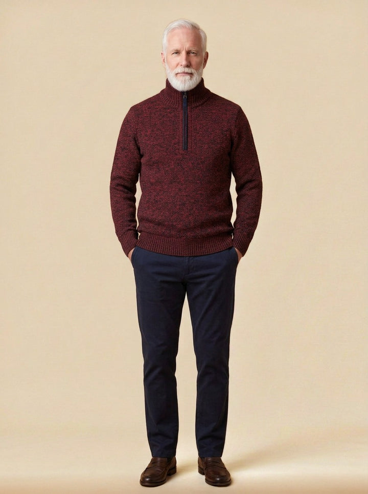 Penrose half zip sweater in Burgundy, studio, Gentlemens Manor