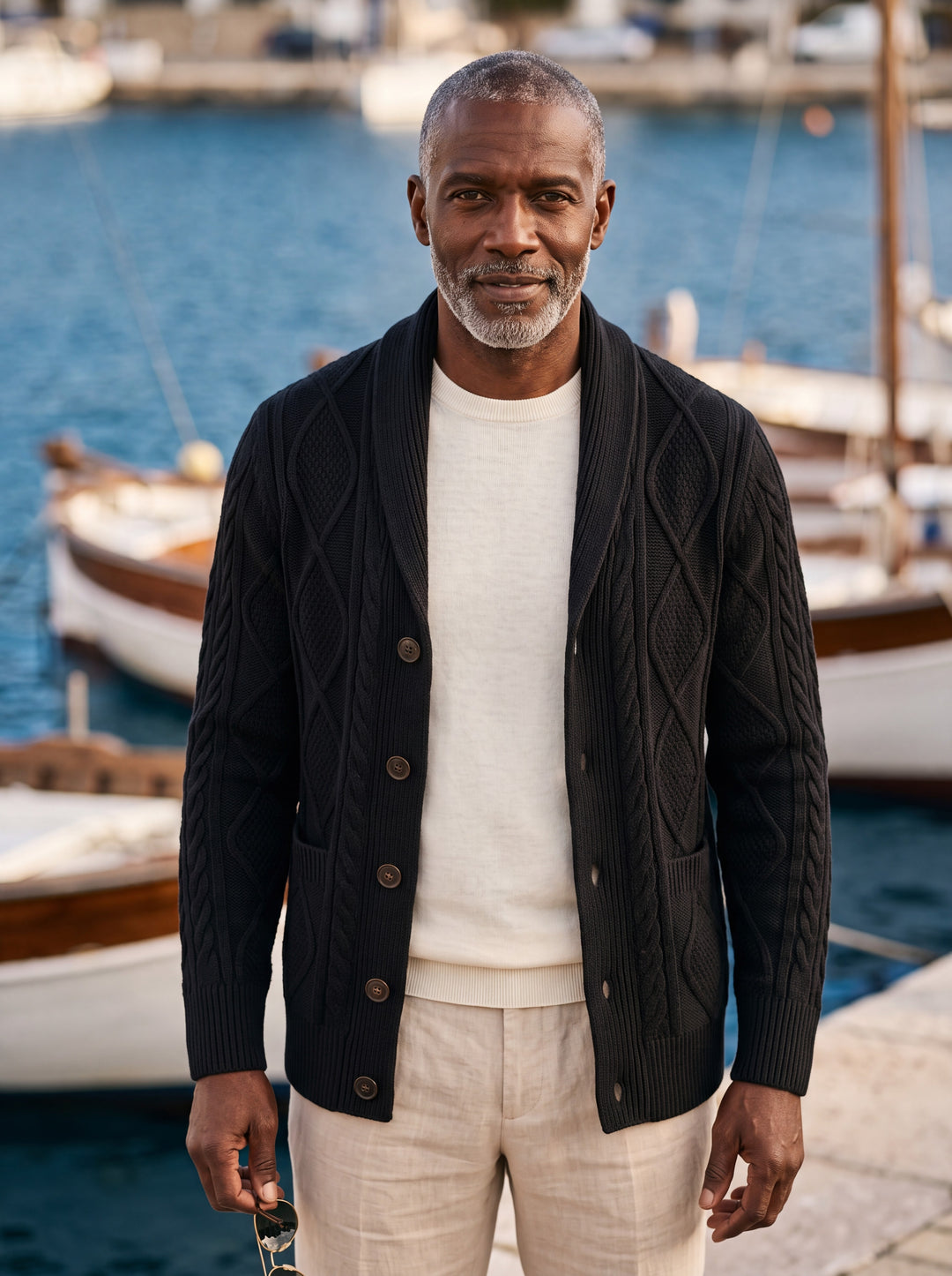 Percival cardigan in Black, worn by a model in a Mediterranean setting - Gentlemens Manor lifestyle