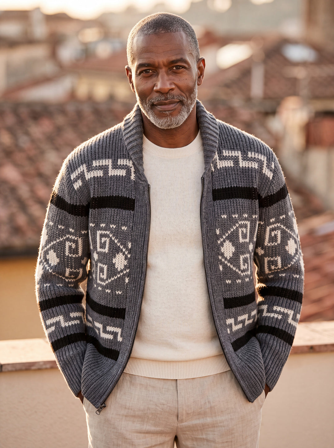 Percy cardigan in Grey, worn by a model in a Mediterranean setting - Gentlemens Manor lifestyle