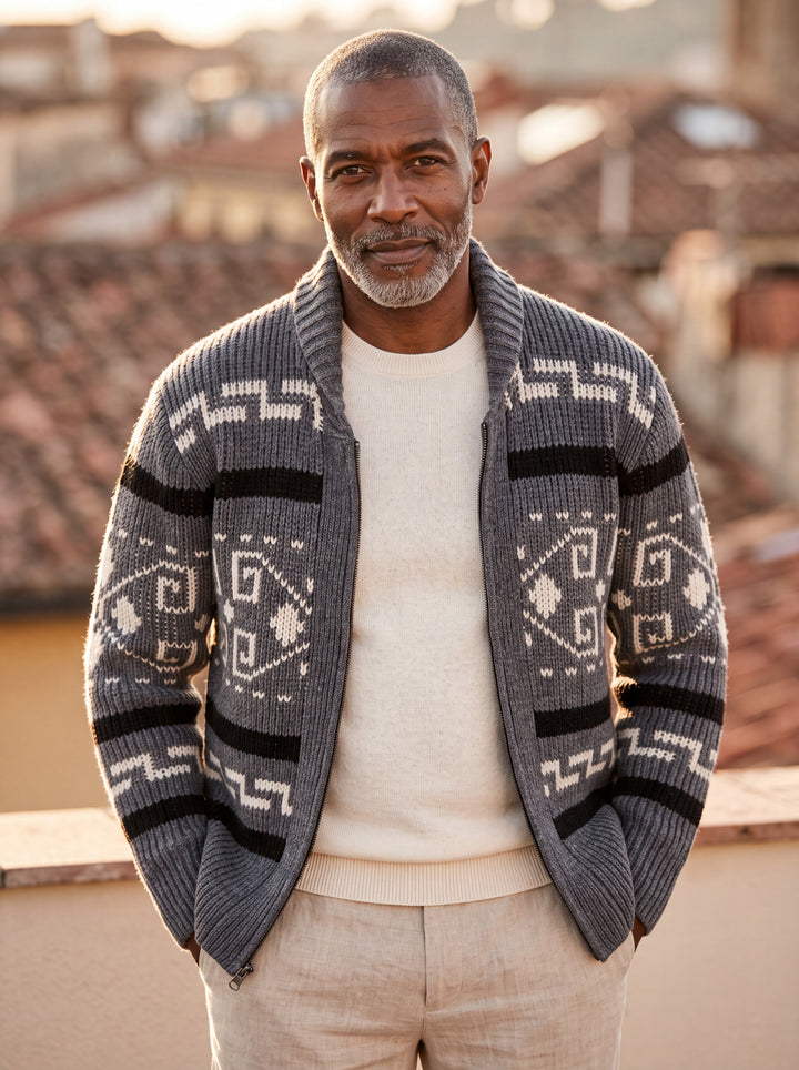 Percy cardigan in Grey, worn by a model in a Mediterranean setting - Gentlemens Manor lifestyle