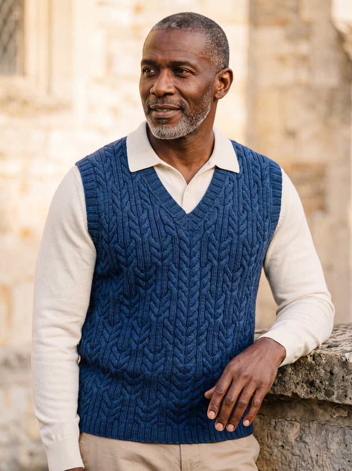 Perry vest in Blue, worn by a model in a Mediterranean setting - Gentlemens Manor lifestyle