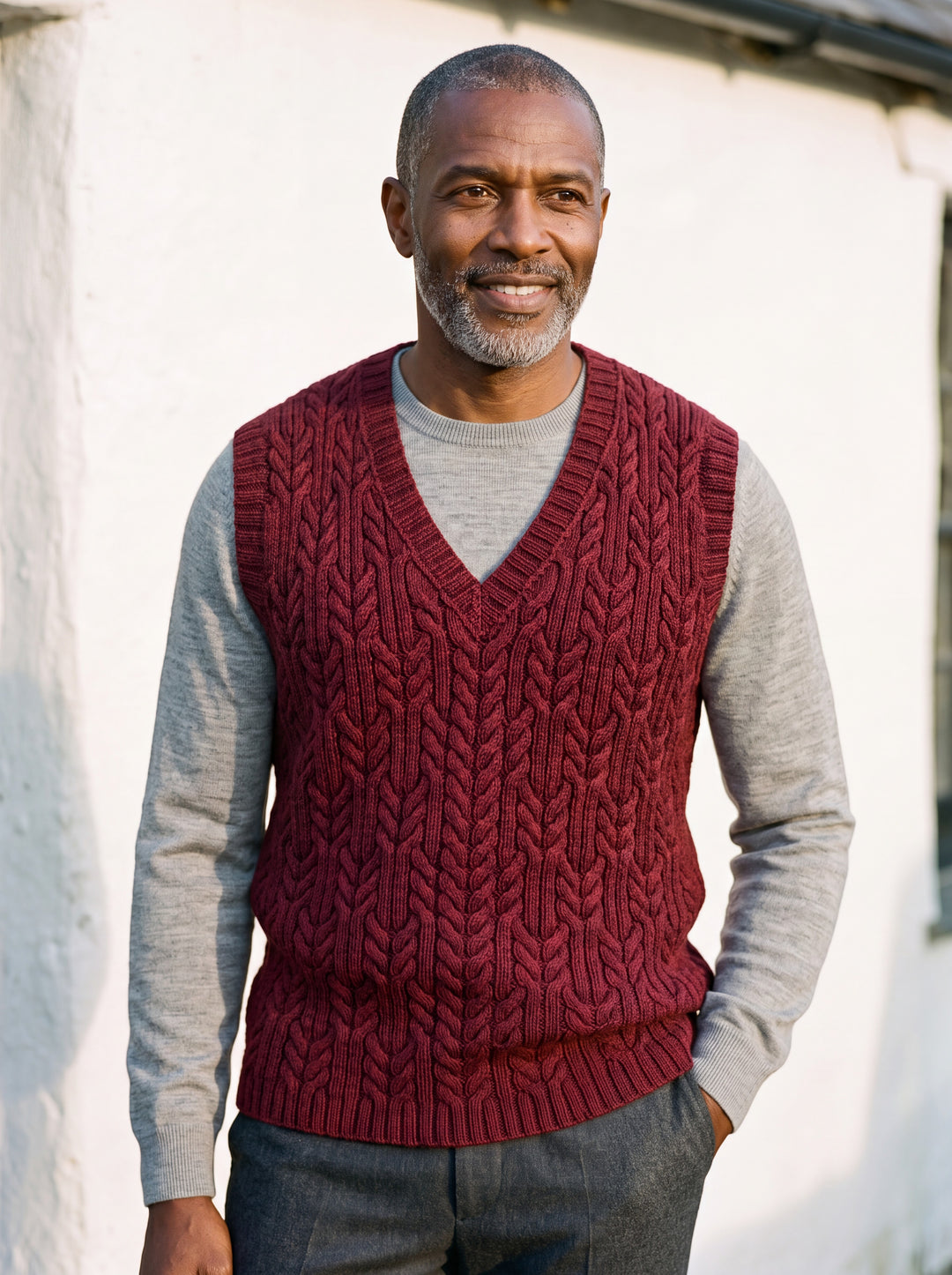 Perry vest in Burgundy, worn by a model in a Mediterranean setting - Gentlemens Manor lifestyle