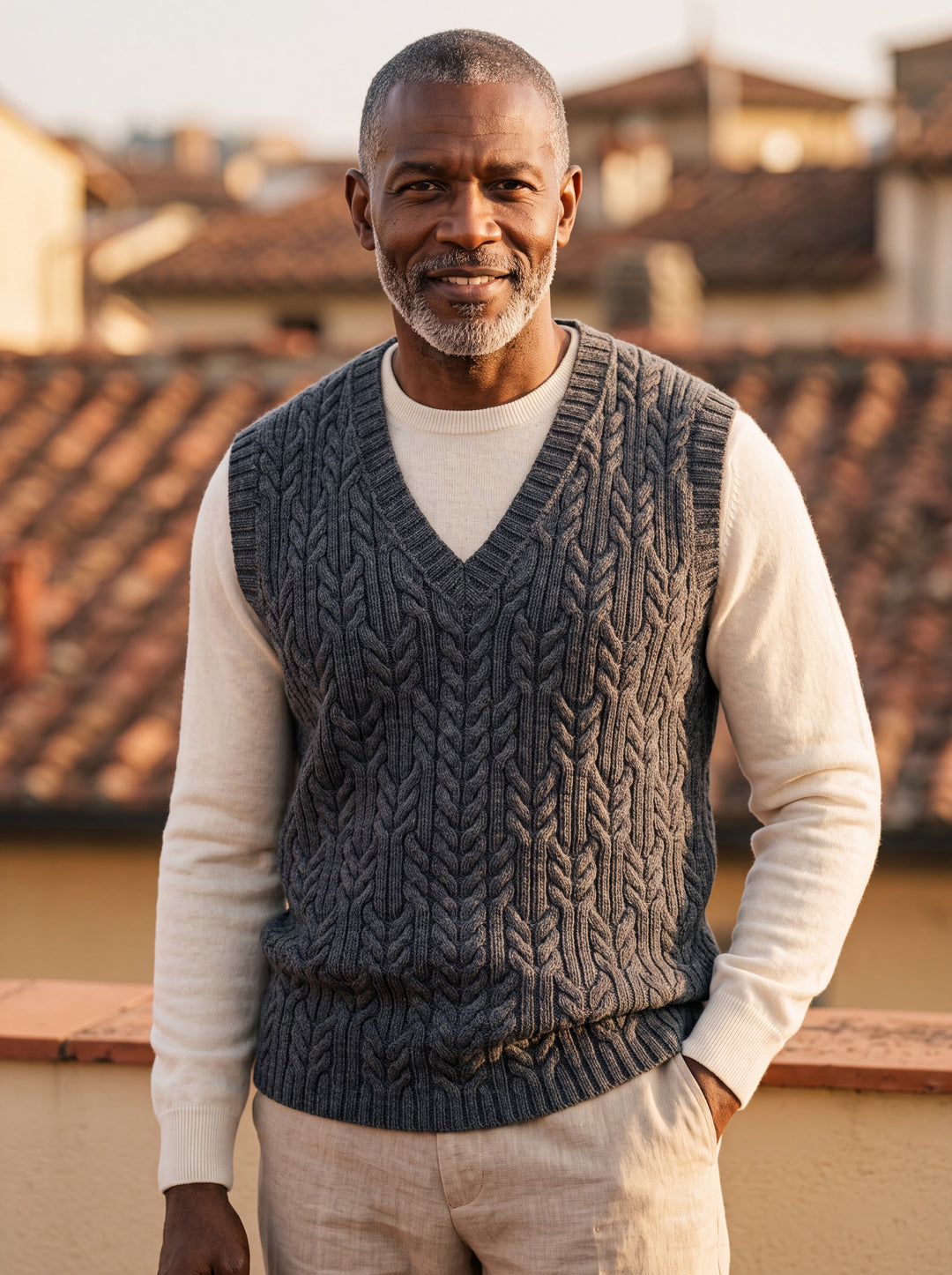 Perry vest in Charcoal, worn by a model in a Mediterranean setting - Gentlemens Manor lifestyle