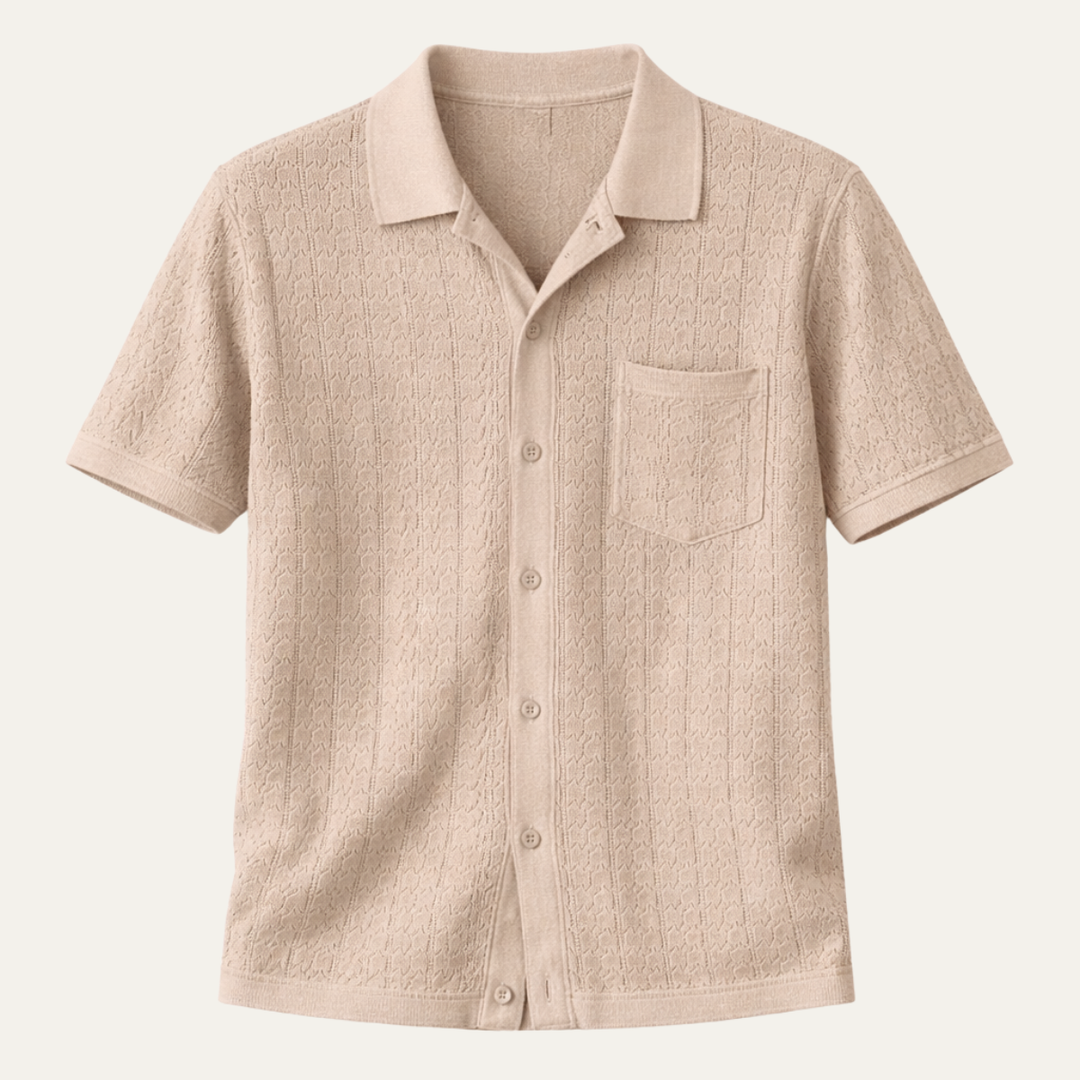 Peyton knit shirt in Sand, product flat lay - Gentlemens Manor