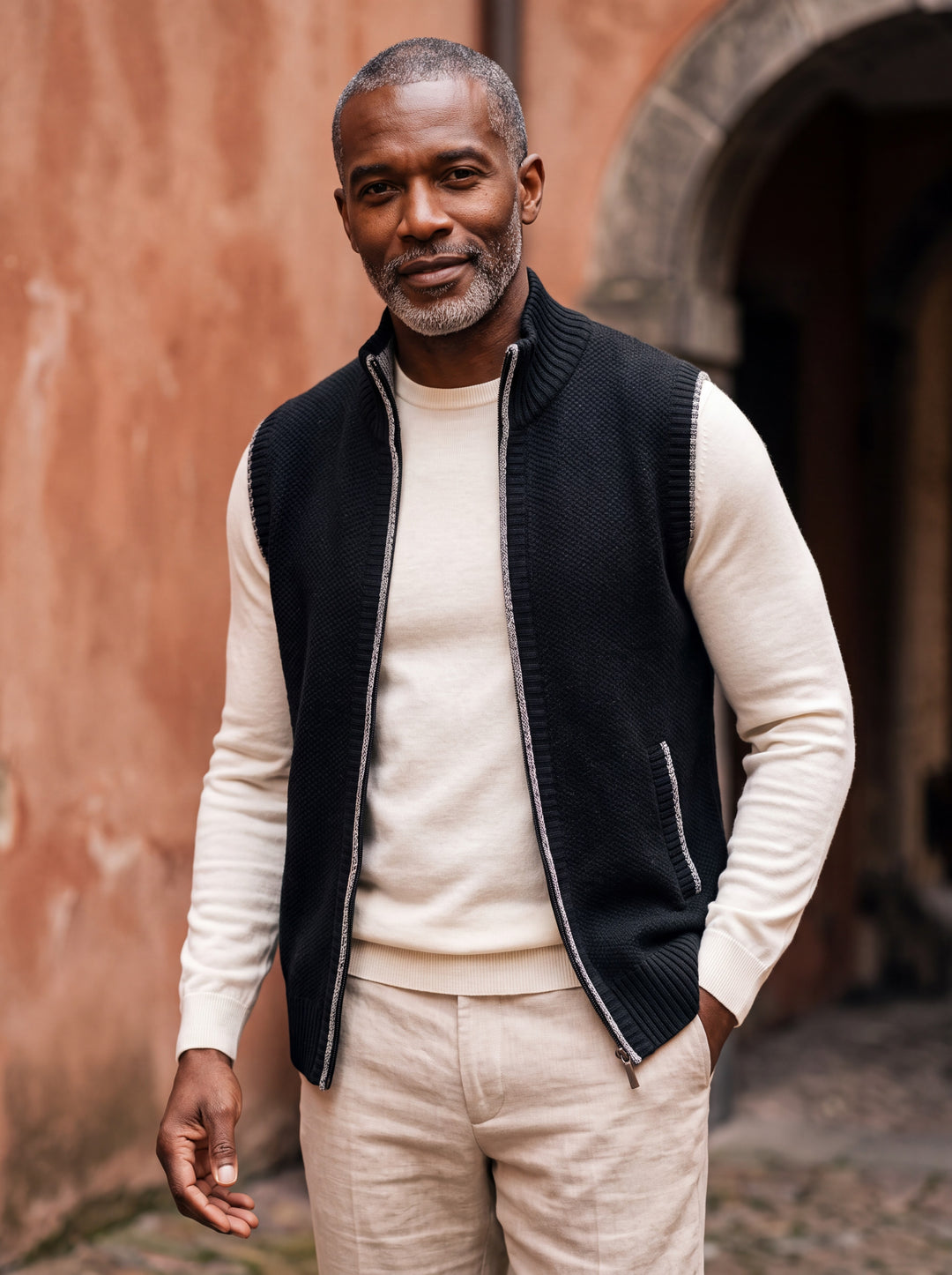 Philip vest in Black, worn by a model in a Mediterranean setting - Gentlemens Manor lifestyle