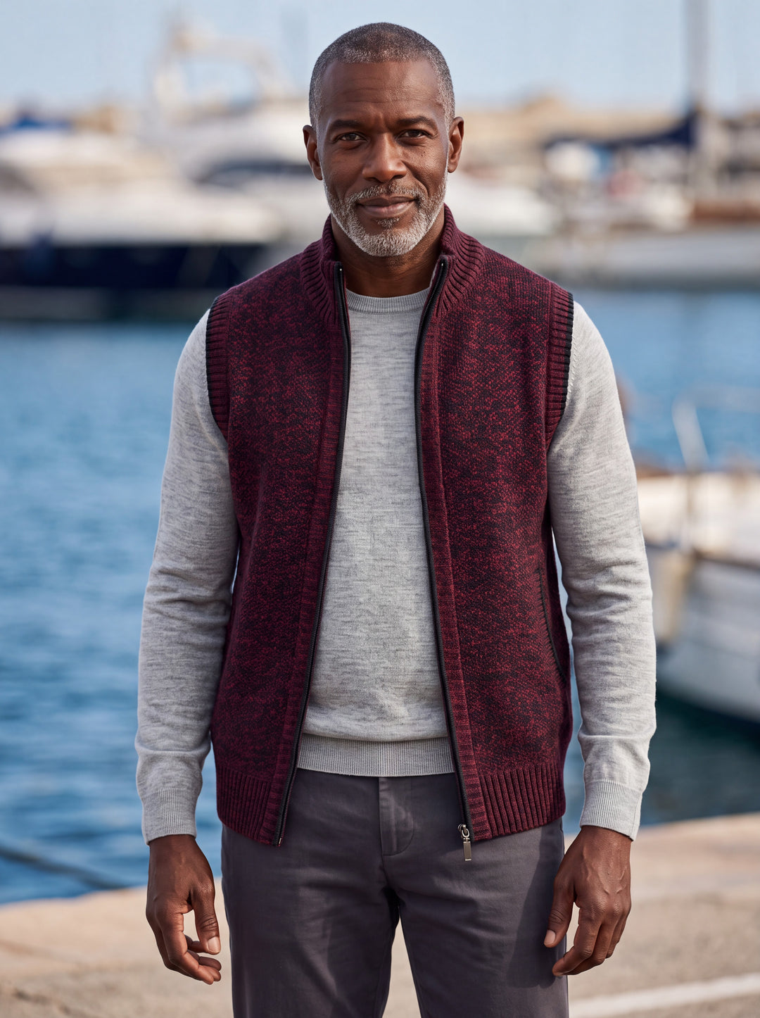 Philip vest in Burgundy, worn by a model in a Mediterranean setting - Gentlemens Manor lifestyle