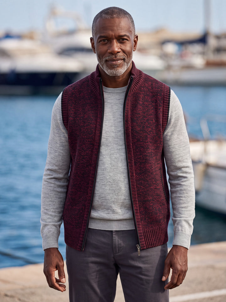 Philip vest in Burgundy, worn by a model in a Mediterranean setting - Gentlemens Manor lifestyle
