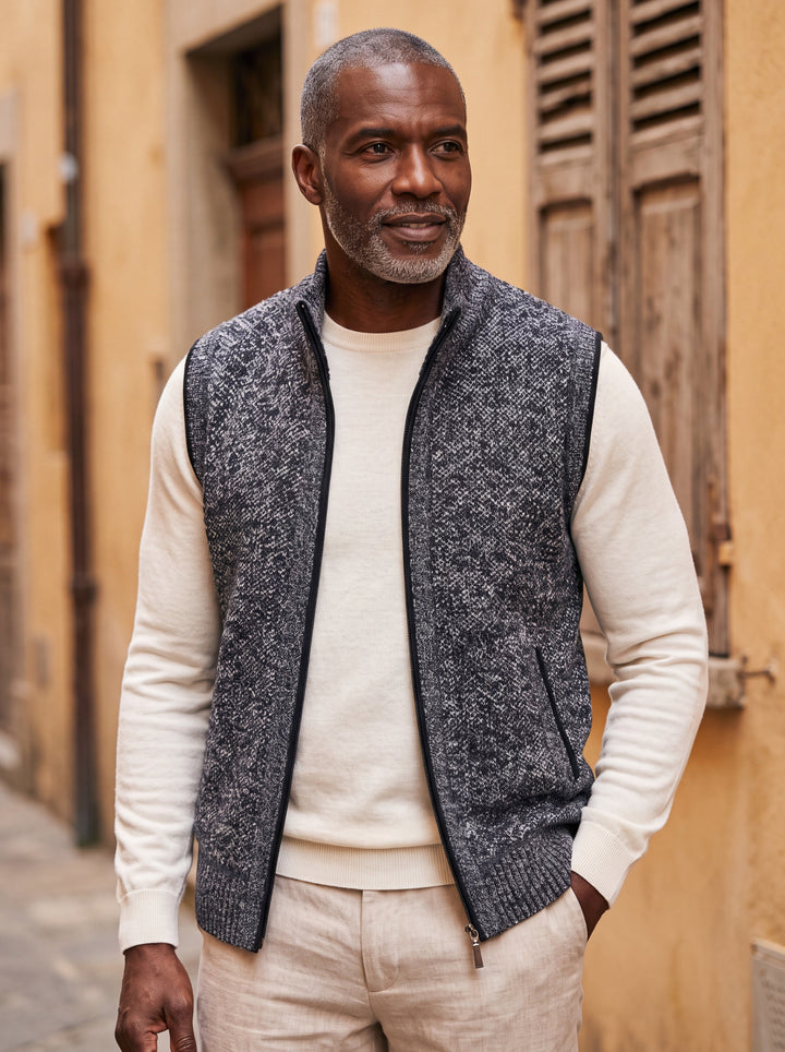 Philip vest in Charcoal, worn by a model in a Mediterranean setting - Gentlemens Manor lifestyle
