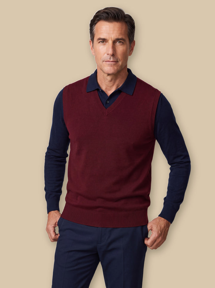 Phineas knit sweater in Red, worn by a model on a warm sand studio background - Gentlemens Manor