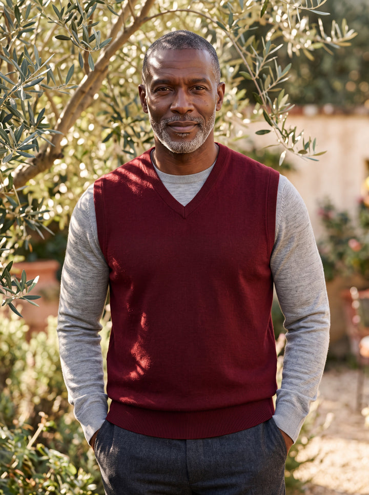 Phineas vest in Red, worn by a model in a Mediterranean setting - Gentlemens Manor lifestyle