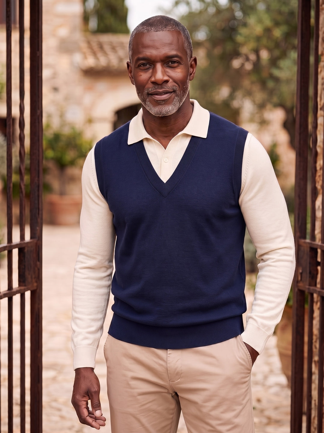 Phineas sweater vest in Blue, worn by a model in a Mediterranean setting - Gentlemens Manor lifestyle
