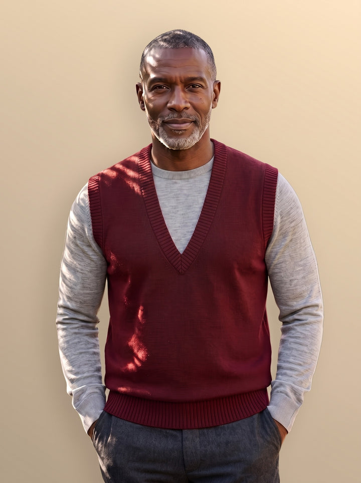 Phineas sweater vest in Burgundy, studio - Gentlemens Manor