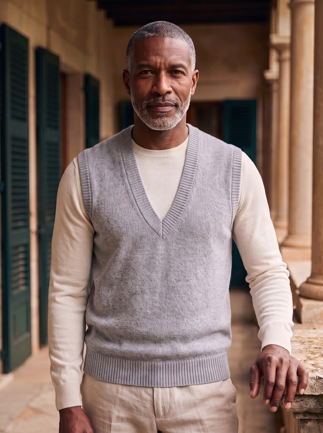 Phineas sweater vest in Grey, worn by a model in a Mediterranean setting - Gentlemens Manor lifestyle