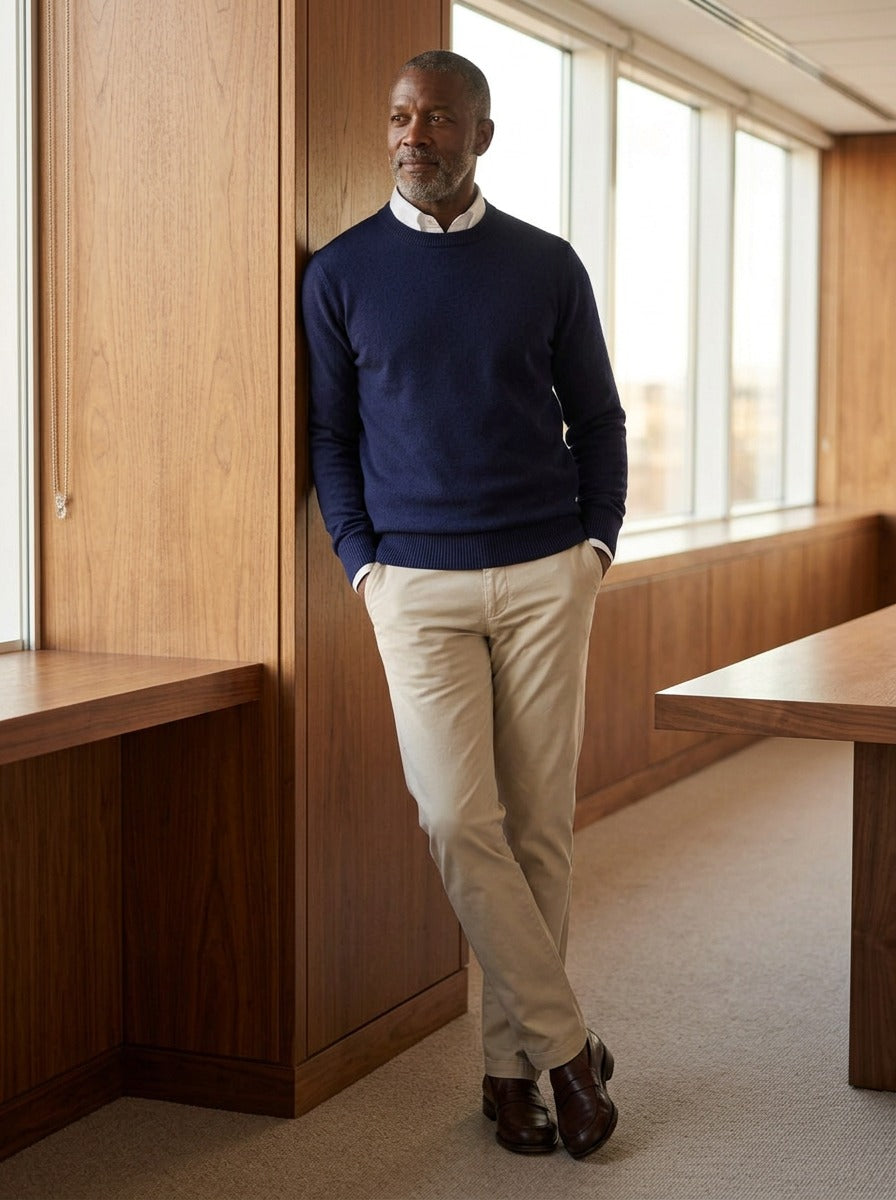 Pierson sweater in Navy, lifestyle in a timber paneled office, Gentlemens Manor