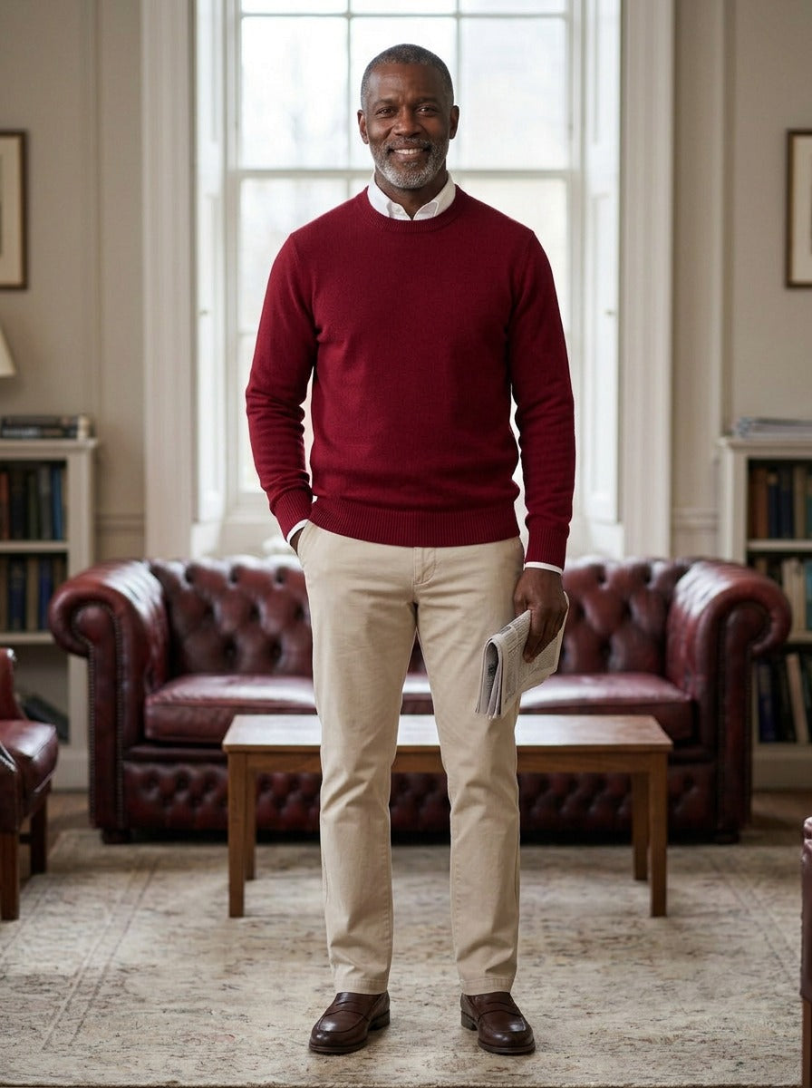 Pierson sweater in Red, lifestyle in a club reading room, Gentlemens Manor