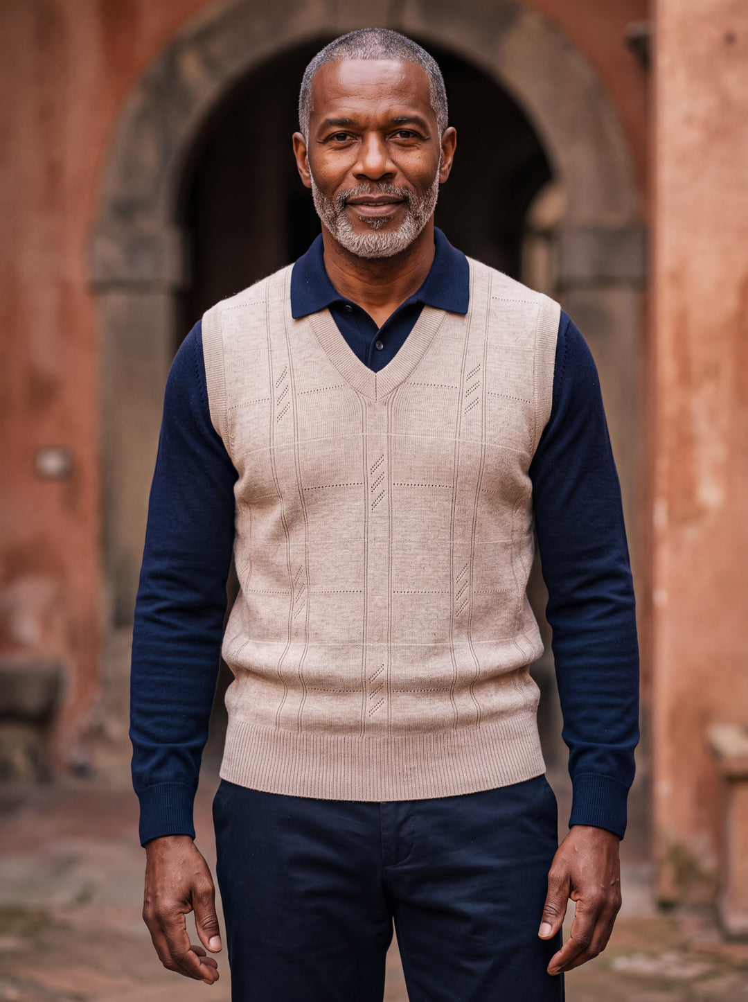 Porter vest in Beige, worn by a model in a Mediterranean setting - Gentlemens Manor lifestyle