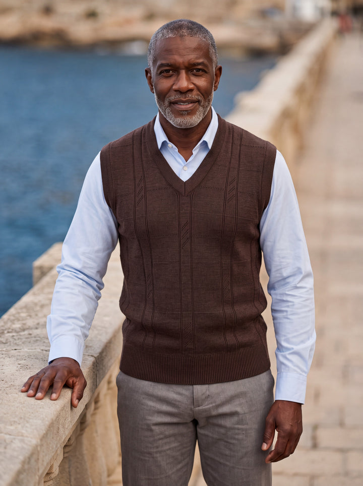 Porter vest in Brown, worn by a model in a Mediterranean setting - Gentlemens Manor lifestyle