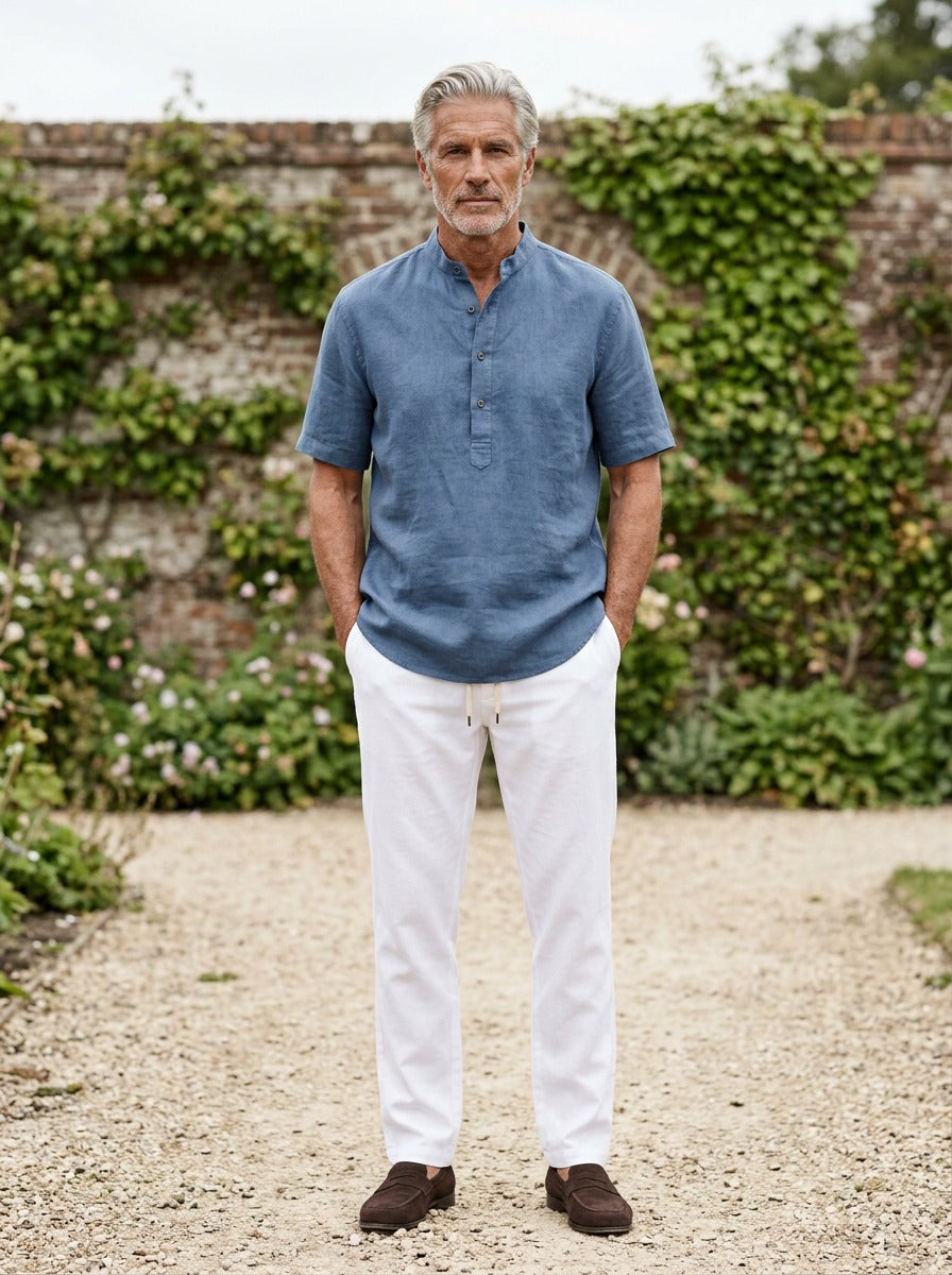 Prescott band collar shirt and pants set in Blue, lifestyle, Gentlemens Manor