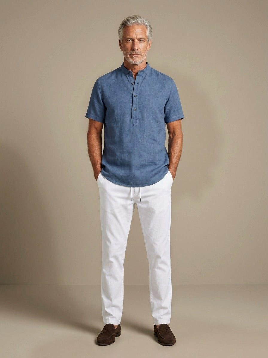 Prescott band collar shirt and pants set in Blue, studio, Gentlemens Manor