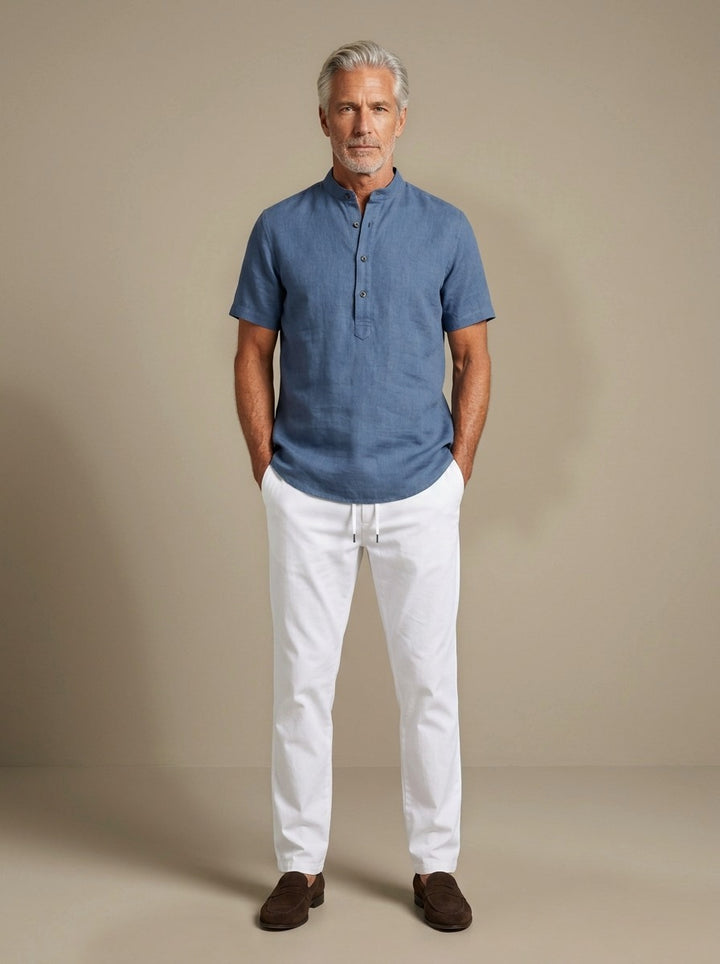 Prescott band collar shirt and pants set in Blue, studio, Gentlemens Manor