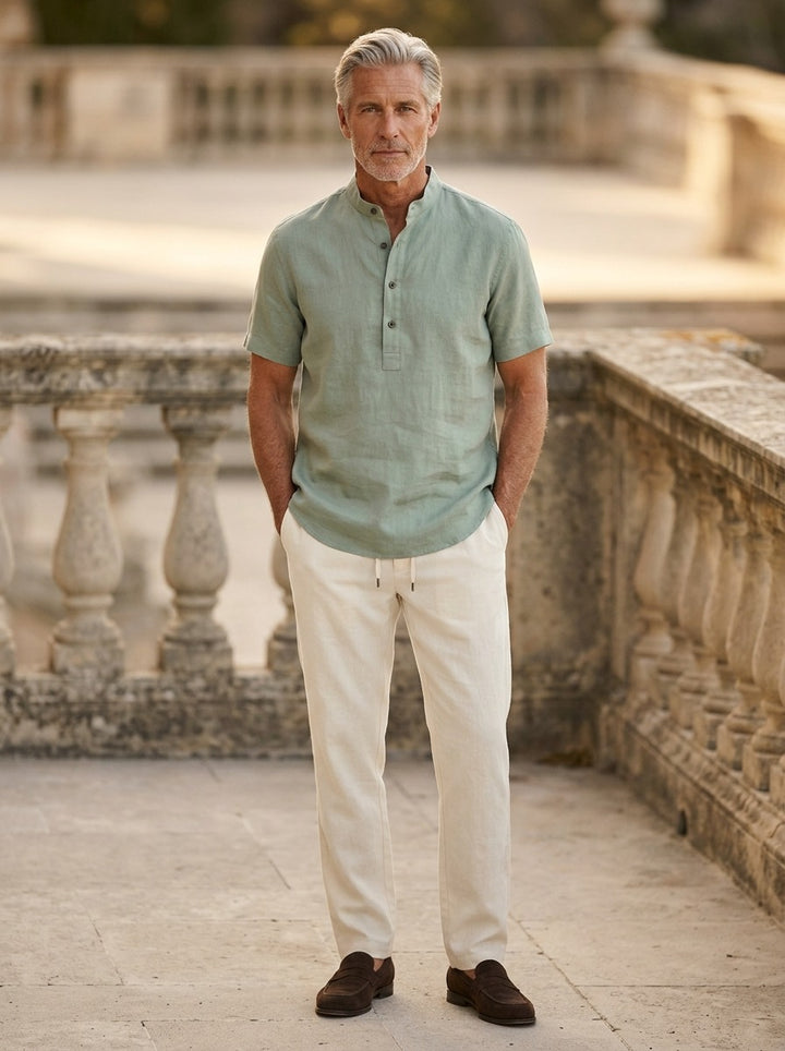 Prescott band collar shirt and pants set in Green, lifestyle, Gentlemens Manor