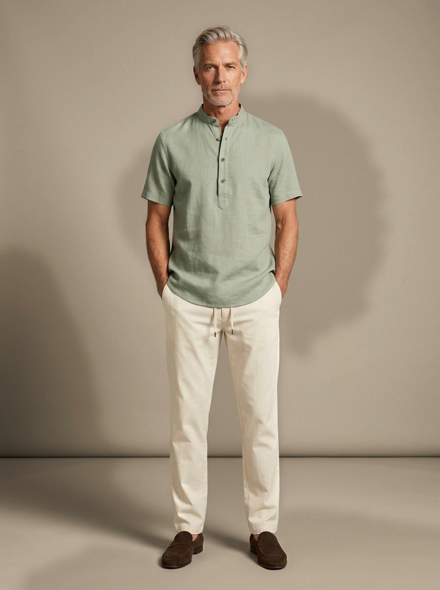 Prescott band collar shirt and pants set in Green, studio, Gentlemens Manor