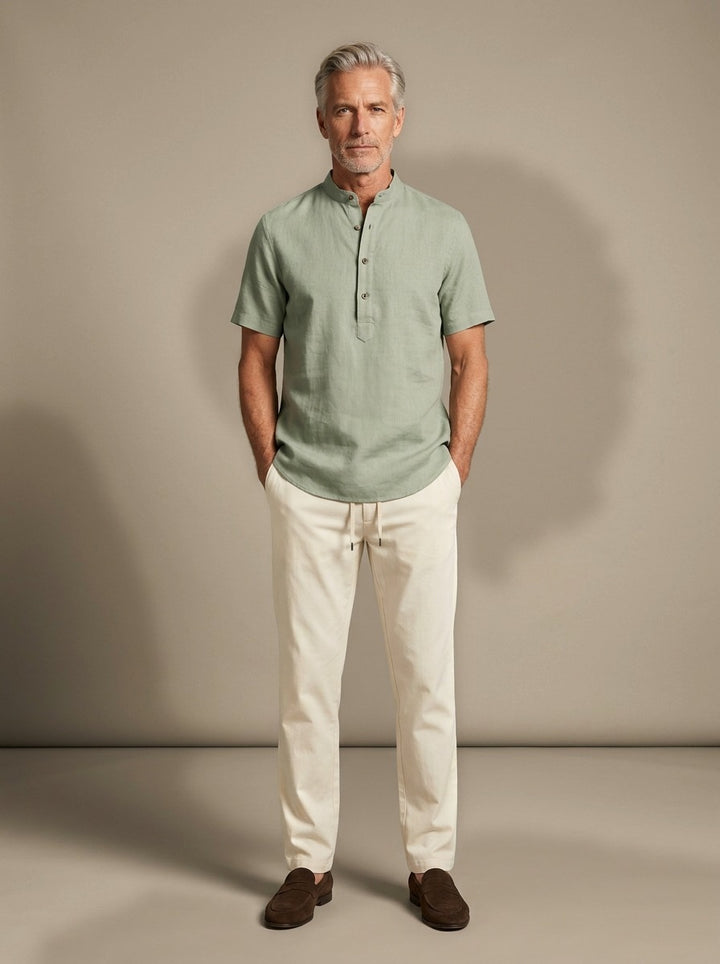 Prescott band collar shirt and pants set in Green, studio, Gentlemens Manor