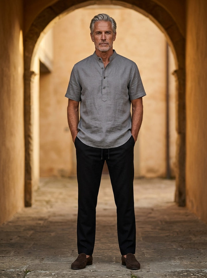 Prescott band collar shirt and pants set in Grey, lifestyle, Gentlemens Manor