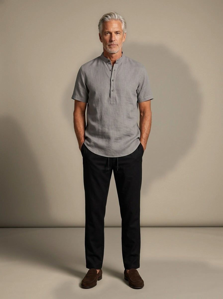 Prescott band collar shirt and pants set in Grey, studio, Gentlemens Manor