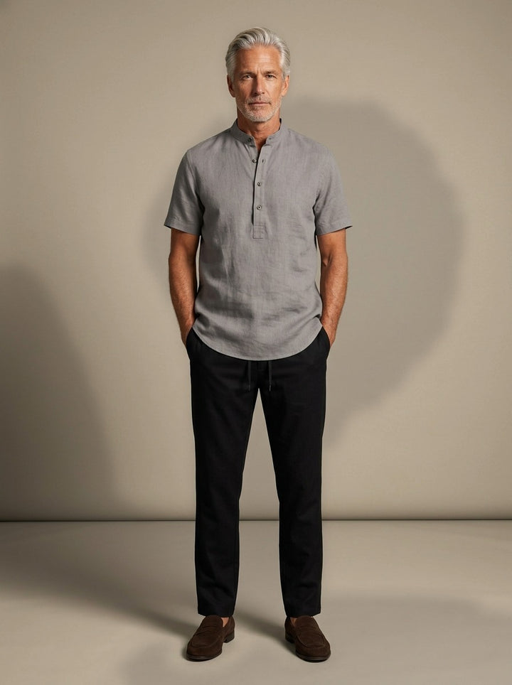 Prescott band collar shirt and pants set in Grey, studio, Gentlemens Manor