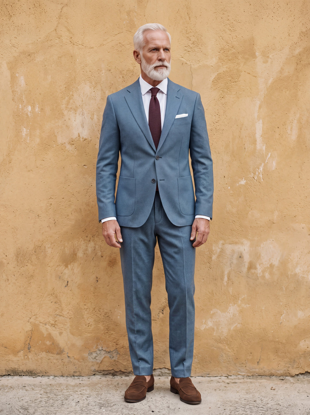 Preston Men two-piece suit in blue, worn by a model in a Mediterranean setting - Gentlemens Manor lifestyle