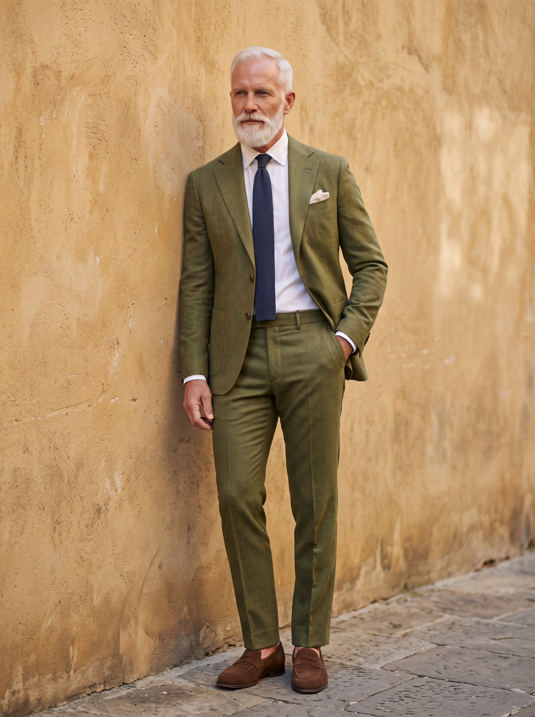 Preston Men two-piece suit in green, worn by a model in a Mediterranean setting - Gentlemens Manor lifestyle