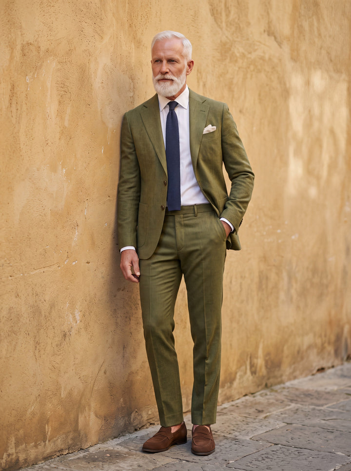 Preston Men two-piece suit in green, worn by a model in a Mediterranean setting - Gentlemens Manor lifestyle