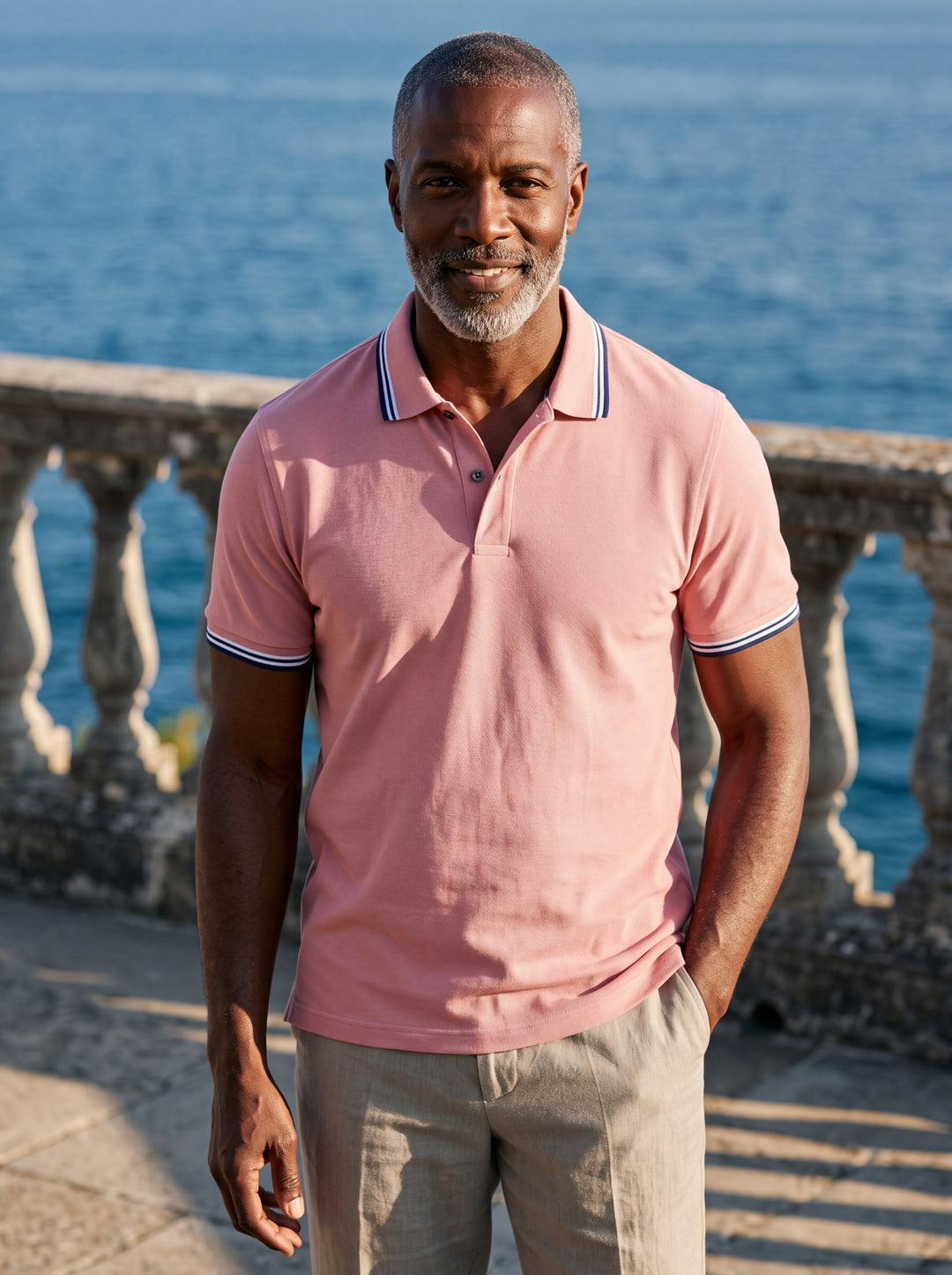 Preston Men polo shirt in pink, worn by a model on a Mediterranean terrace - Gentlemens Manor lifestyle