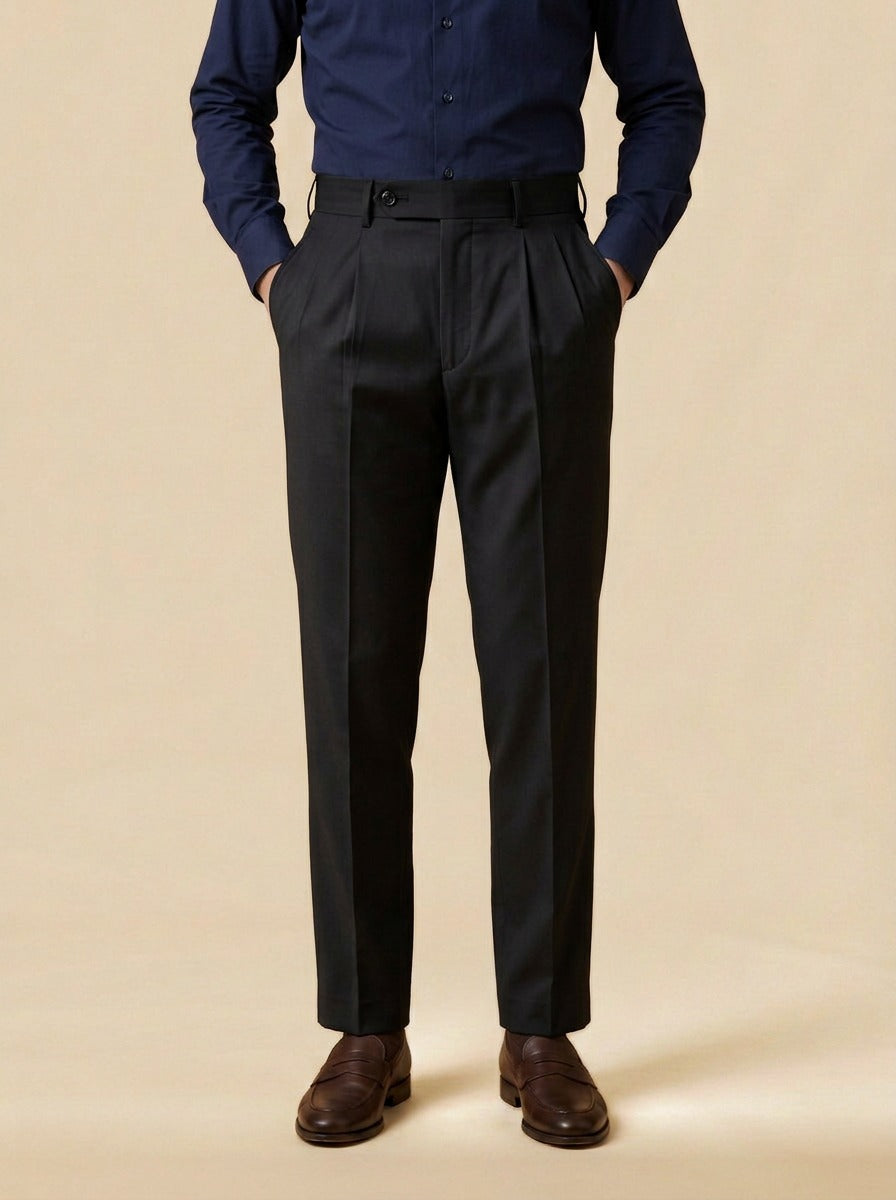 Prewitt button tab trousers in Black, studio, Gentlemens Manor