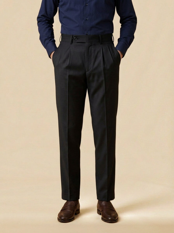 Prewitt button tab trousers in Black, studio, Gentlemens Manor