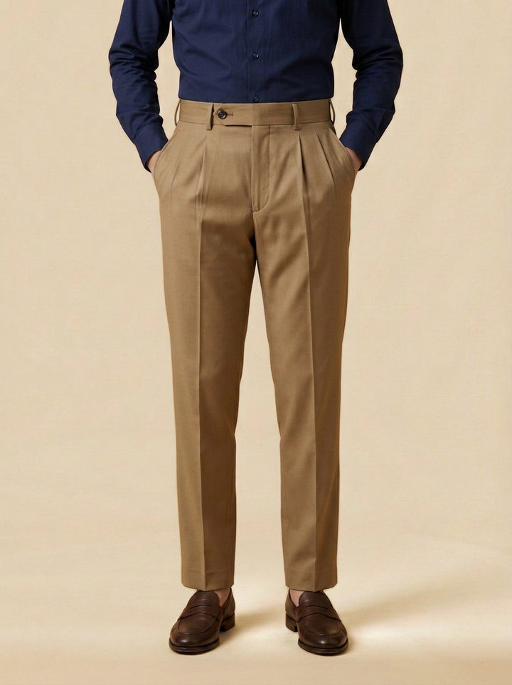 Prewitt button tab trousers in Camel, studio, Gentlemens Manor