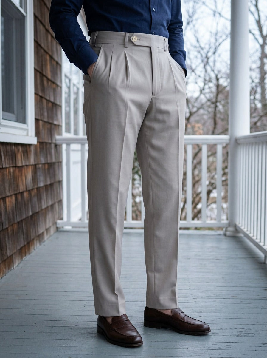 Prewitt button tab trousers in Light Grey, lifestyle on a covered porch, Gentlemens Manor