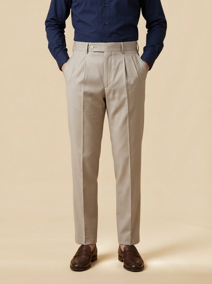 Prewitt button tab trousers in Light Grey, studio, Gentlemens Manor