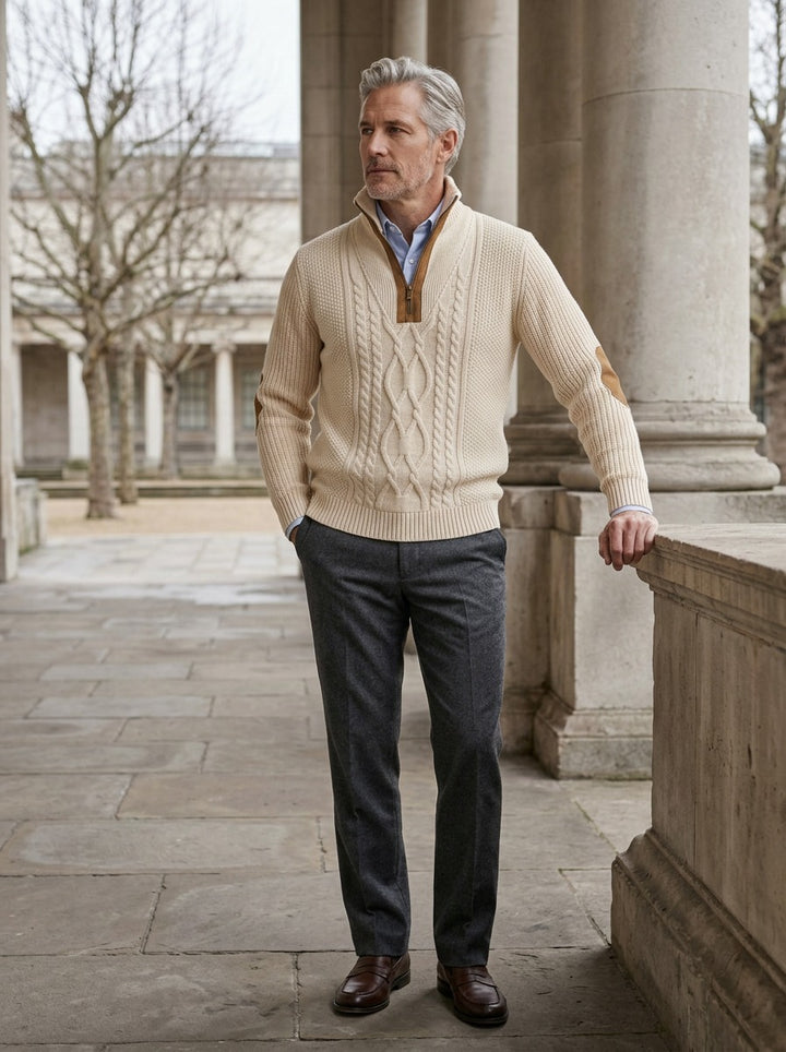Pritchard cable knit quarter zip sweater in Cream, lifestyle in a stone colonnade, Gentlemens Manor