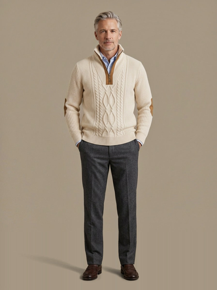 Pritchard cable knit quarter zip sweater in Cream, studio, Gentlemens Manor
