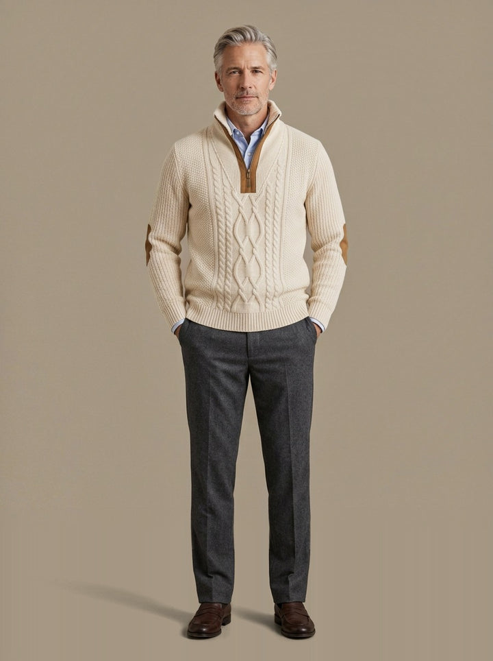 Pritchard cable knit quarter zip sweater in Cream, studio, Gentlemens Manor