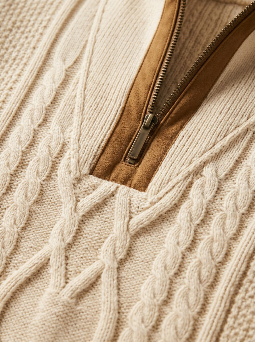 Pritchard cable knit quarter zip sweater, fabric close up, Gentlemens Manor