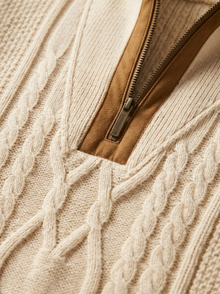 Pritchard cable knit quarter zip sweater, fabric close up, Gentlemens Manor