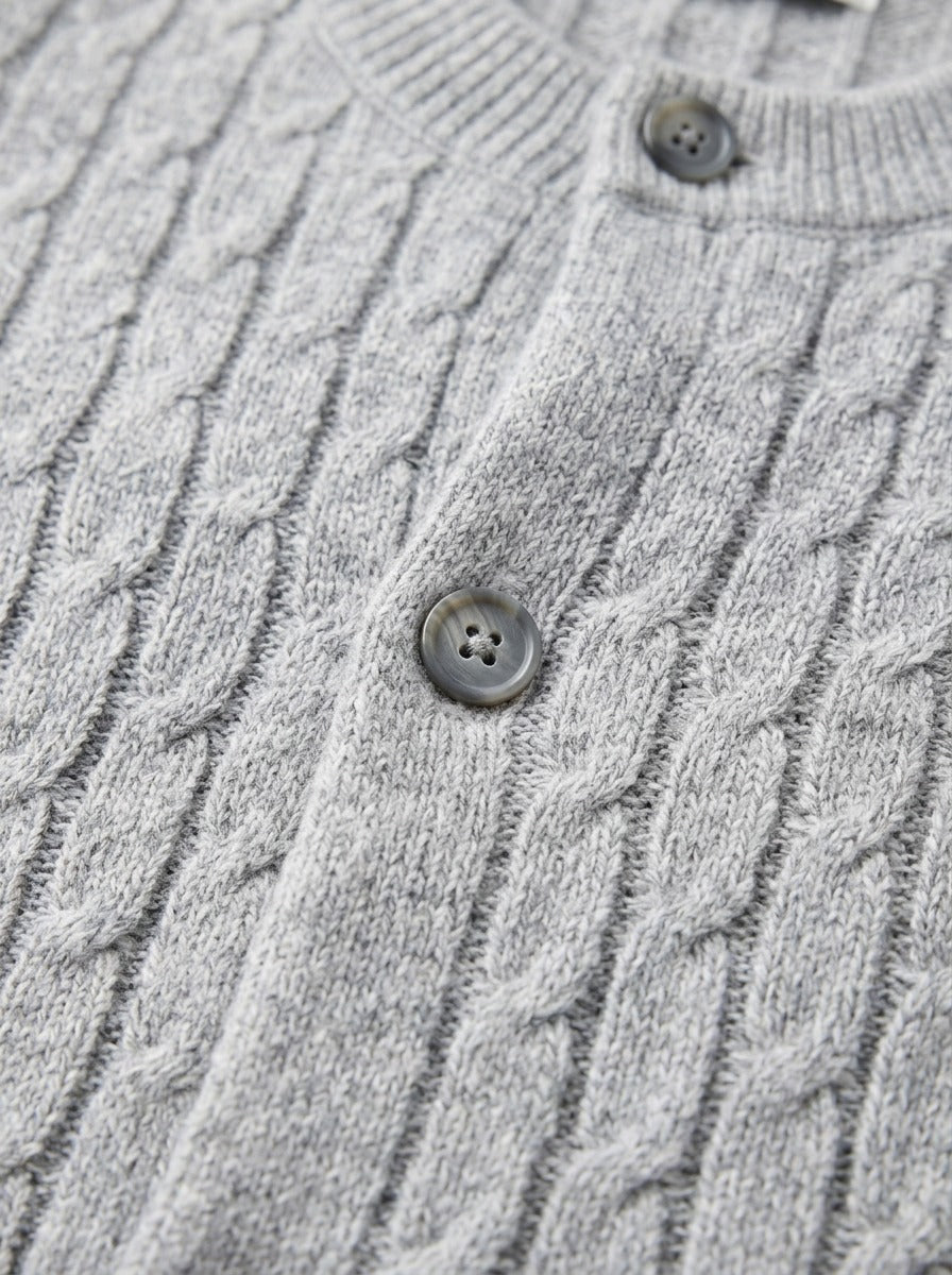 Pryce heathered cable crew neck cardigan, fabric close up, Gentlemens Manor