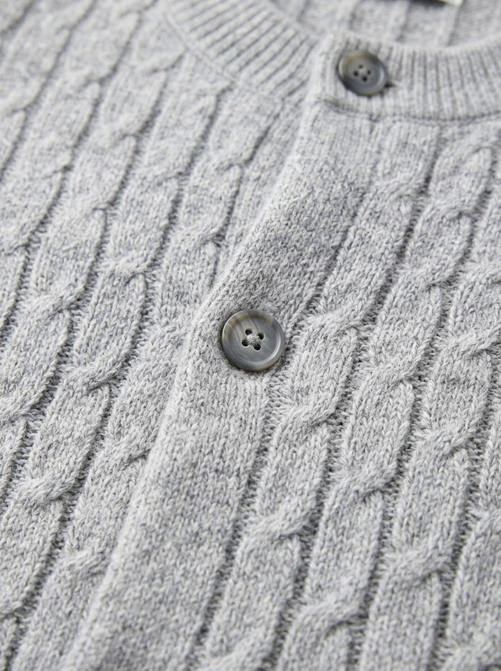 Pryce heathered cable crew neck cardigan, fabric close up, Gentlemens Manor